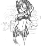 anthro bottomwear bra clothed clothing female front_view fur hair hand_behind_head inner_ear_fluff long_hair looking_at_viewer miniskirt mouth_hold off_shoulder pose seductive skirt solo tuft underwear devilkitten_yami domestic_cat felid feline felis mammal monochrome portrait three-quarter_portrait