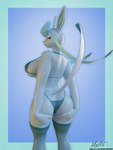 3d_(artwork) anthro anthrofied blender_(artwork) blue_background blue_body bra breasts butt clothing digital_media_(artwork) eeveelution female generation_4_pokemon glaceon hi_res hiddenmask18 legwear looking_at_viewer looking_back looking_back_at_viewer nintendo panties pokemon pokemon_(species) pokemorph raised_tail rear_view simple_background solo spread_butt spreading tail thigh_highs underwear