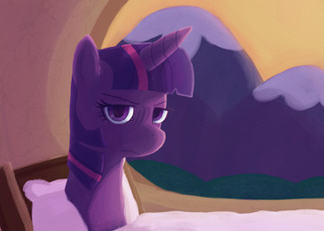 bed female feral furniture grumpy horn looking_at_viewer mountain pillow solo sunrise unimpressed window velvet_moon friendship_is_magic hasbro my_little_pony mythology twilight_sparkle_(mlp) equid equine mammal mythological_creature mythological_equine unicorn absurd_res digital_media_(artwork) digital_painting_(artwork) hi_res huge_filesize painting_(artwork)