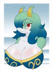 anthro big_breasts breasts cleavage_cutout clothed clothing cutout female green_hair hair pupils red_eyes slit_pupils solo drayx nintendo pokemon generation_5_pokemon pokemon_(species) reptile scalie serperior bust_portrait digital_media_(artwork) hi_res portrait