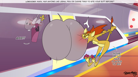 anthro big_butt bite bubble_butt butt duo female grey_body public_transportation rapid_transit text train vehicle yellow_body yellow_sclera potateymatey fria_(potateymatey) mara_(potateymatey) common_hippopotamus felid hippopotamid lion mammal pantherine 2025 english_text hi_res