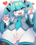 anthro blue_eyes blue_hair blush bottomless bottomwear breasts clothed clothing female fur genitals hair legwear looking_at_viewer nude open_mouth paws pussy shirt shirt_only simple_background smile solo tail tongue topwear topwear_only fu_kawa_(artist) vocaloid hatsune_miku felid feline felis mammal absurd_res digital_media_(artwork) hi_res