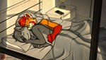 anthro bed bed_sheet bedding bedroom cellphone cozy cuddling duo electronics fur furniture grey_body grey_fur inside lamp male male/male orange_body orange_fur phone pillow smartphone fudatsu seb_the_red_panda zach_the_wolf ailurid canid canine canis mammal red_panda wolf hi_res