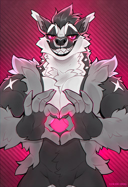 5_fingers anthro biceps black_body black_fur chest_tuft claws featureless_crotch finger_claws fingers fur fur_markings gesture glowing glowing_eyes heart_gesture heart_symbol looking_at_viewer male markings muscular muscular_anthro muscular_male narrowed_eyes pattern_background pecs pokemorph sharp_teeth simple_background smile smiling_at_viewer solo standing teeth toothy_grin tuft white_body white_fur chloe-dog nintendo pokemon generation_8_pokemon obstagoon pokemon_(species) 2026 digital_media_(artwork) hi_res watermark