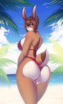 anthro beach bikini breasts brown_body brown_eyes brown_fur brown_hair butt clothed clothing day detailed_background eyebrows eyelashes eyewear female fur glasses hair looking_at_viewer looking_back outside rear_view sand seaside shoreline sky solo swimwear two-piece_swimsuit water knight_dd lagomorph leporid mammal rabbit 2022 digital_media_(artwork) hi_res