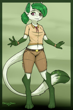 anthro belt biped bottomwear brown_clothing clothed clothing female front_view fully_clothed fur green_body green_fur green_hair hair midriff pink_eyes shirt shorts simple_background solo standing tail tail_tuft topwear tuft dreyk-daro nintendo pokemon generation_1_pokemon legendary_pokemon mew_(pokemon) pokemon_(species) hi_res
