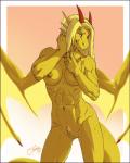 abs anthro blonde_hair breasts claws female genitals hair horn membrane_(anatomy) membranous_wings muscular muscular_anthro muscular_female navel nipples non-mammal_breasts nude pecs pubes pussy smile smirk solo standing tail tasteful_nudity wings yellow_eyes feralise mythology serylis dragon mythological_creature mythological_scalie scalie 2015