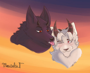 aged_up anthro beard big_horn black_horn black_nose black_tuft blush blush_lines cheek_lick cheek_tuft chin_tuft closed_smile duo eye_bags eyebrows face_lick facial_hair facial_tuft front_view fur furry_neck gradient_background hair happy head_tuft horn inner_ear_fluff licking looking_at_another looking_down looking_up love male male/male monochrome_body mouth_closed neck_tuft one_eye_closed orange_background orange_eyes passionate pink_tongue purple_background purple_body purple_fur red_background red_eyes red_horn sharp_teeth simple_background small_horn smile teeth three-quarter_view tongue tongue_out tuft tusks wavy_hair white_body white_fur white_tuft yellow_background mouselect mythology alex_matsubara maxxell_matsubara canid canid_demon canine canis demon hellhound mammal mythological_canine mythological_creature wolf digital_drawing_(artwork) digital_media_(artwork) digital_painting_(artwork) painting_(artwork)