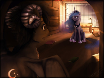 blue_body blue_eyes blue_feathers blue_hair book bookshelf duo feathered_wings feathers female feral furniture hair horn lamp lantern male membrane_(anatomy) membranous_wings quadruped table tail wings imalou friendship_is_magic hasbro my_little_pony mythology princess_luna_(mlp) equid equine mammal mythological_creature mythological_equine winged_unicorn 2012 4:3 hi_res