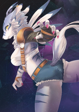 anthro anthrofied armor baldric belt bottomwear breasts chest_wraps clothing colored_nails crossgender cute_fangs denim denim_clothing digimorph dutch_angle ear_piercing fangs female fur kemono looking_at_viewer looking_back mtf_crossgender nails piercing pink_nails shorts side_boob solo spaulder stripes teeth wraps yellow_eyes kane780302 bandai_namco digimon canid canine digimon_(species) mammal weregarurumon 2015 hi_res