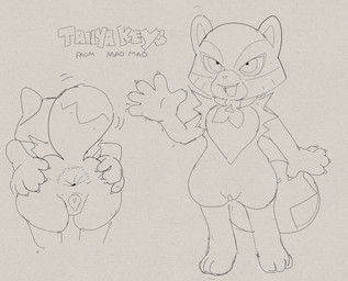 anthro anus bent_over biped butt claws female front_view genitals gesture open_mouth presenting presenting_anus presenting_hindquarters rear_view simple_background solo spread_anus spread_butt spreading standing teeth text tongue vulva waving dogma cartoon_network mao_mao:_heroes_of_pure_heart tanya_keys canid canine mammal raccoon_dog tanuki 2024 absurd_res character_name english_text hi_res monochrome multiple_scenes sketch
