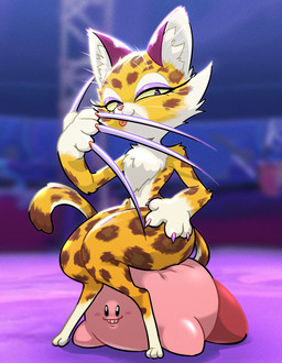 ambiguous_gender anthro blep claws countershading dominant dominant_female duo eyeshadow female finger_claws fur long_claws makeup markings purple_eyeshadow sitting spots spotted_body spotted_fur thick_thighs tongue tongue_out wide_hips centinel303 kirby_(series) kirby_and_the_forgotten_land nintendo clawroline kirby felid leopard mammal pantherine 2022