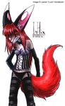 anthro big_ears breasts brown_body brown_fur canid canine cleavage clothed clothing collar corset ear_piercing english_text female fox front_view fur gauged_ear glamfur goth hair inhix inner_ear_fluff lauren_henderson legwear lingerie louvelex mammal panties piercing pink_eyes red_body red_fur red_hair simple_background solo stockings tail text topwear tuft underwear white_background