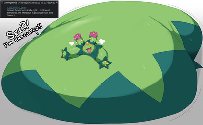 belly big_belly dialogue female green_body huge_belly hyper hyper_belly morbidly_obese morbidly_obese_female morbidly_obese_humanoid obese obese_female obese_humanoid overweight overweight_female overweight_humanoid solo text yellow_eyes shweetmagnet nintendo pokemon generation_5_pokemon humanoid maractus pokemon_(species) 2026 absurd_res digital_media_(artwork) english_text hi_res