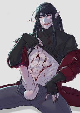 balls biped black_sclera blood blood_on_face bodily_fluids clothed clothing eyebrows fingers foreskin genitals glans hair humanoid_genitalia humanoid_penis humanoid_pointy_ears male not_furry penis pointy_ears red_eyes solo tongue tongue_out toumator18 humanoid vampire hi_res