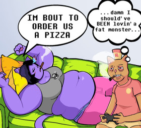 anthro belly big_belly big_breasts black_hair blue_highlights bottomwear breasts cleavage clothed clothing controller crop_top denim denim_bottomwear denim_clothing drugs duo eye_bags eyelashes eyes_closed female freckled_face freckled_shoulders freckles furniture game_controller gaming grey_background hair hat headgear headwear highlights_(coloring) holding_controller holding_game_controller holding_object jeans larger_female lidded_eyes love_handles lying lying_on_sofa male male/female marijuana midriff narrowed_eyes navel on_back on_pillow on_sofa overweight overweight_anthro overweight_female pants pawpads pillow pink_bottomwear pink_clothing pink_jeans pink_pants playing_video_game purple_body resting shirt shorts simple_background sitting sitting_on_sofa size_difference smaller_male smoke smoking smoking_marijuana sofa stoned substance_intoxication tail talking_to_another talking_to_partner text thick_arms thong_straps thought_bubble topwear weight_difference newartistcool undertale undertale_(series) burgerpants catty_cattenheimer domestic_cat felid feline felis mammal 2024 digital_media_(artwork) english_text