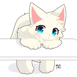 ambiguous_gender anthro fur furniture looking_at_viewer paws simple_background solo table tail white_body white_fur neisawa domestic_cat felid feline felis mammal 1:1 hi_res