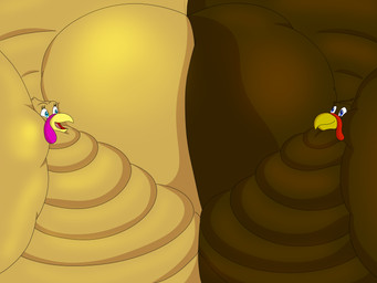 anthro beak blue_eyes brown_body duo female immobile male morbidly_obese morbidly_obese_anthro morbidly_obese_female morbidly_obese_male obese obese_anthro obese_female obese_male open_beak open_mouth overweight overweight_anthro overweight_female overweight_male pink_tongue tan_body tongue yellow_beak bigwolf_(artist) avian bird galliform phasianid turkey hi_res shaded