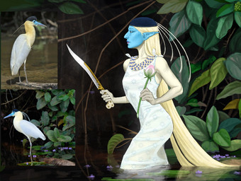 5_fingers ambiguous_feral ambiguous_gender arms_bent beak black_eyes blonde_hair blue_beak blue_clothing blue_eyebrows blue_face blue_hat blue_headwear breasts clothed clothed_female clothed_humanoid clothing dress duo eyebrows female female_humanoid feral fingers flower folded_wings hair hat headgear headwear holding_flower holding_melee_weapon holding_object holding_sword holding_weapon humanoid_pointy_ears light lily_pad lips long_hair melee_weapon mouth_closed not_furry_focus outside partially_submerged photo_reference plant pointy_ears pond purple_lips standing sword tree walking water weapon white_clothing white_dress wings bingoblin avian bird capped_heron elf heron humanoid pelecaniform 2025 colored digital_drawing_(artwork) digital_media_(artwork) english_description hi_res lighting reference_image