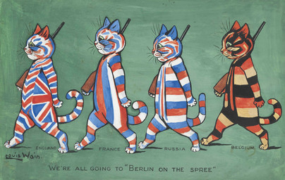 ambiguous_gender anthro belgium biped digitigrade france group gun holding_gun holding_object holding_ranged_weapon holding_rifle holding_weapon ranged_weapon rifle russia russian_empire semi-anthro side_view simple_background striped_body stripes tail text united_kingdom walking weapon whiskers world_war_1 louis_wain public_domain domestic_cat felid feline felis mammal 20th_century absurd_res ancient_art english_text gouache_(artwork) graphite_(artwork) hi_res painting_(artwork) pen_(artwork) signature traditional_media_(artwork) traditional_painting_(artwork)