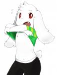 anthro bodily_fluids bottomwear clothing cute_fangs looking_at_viewer male navel nipples pants red_eyes shirt solo sweat topwear undressing young young_anthro young_male mentha undertale undertale_(series) asriel_dreemurr boss_monster_(undertale) bovid caprine mammal 2016 digital_media_(artwork) hi_res