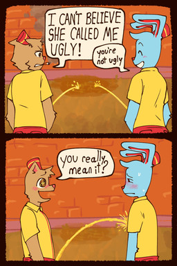 anthro blue_body blue_fur blush bodily_fluids cigarette duo fast_food_employee fast_food_uniform fur genital_fluids humor male peeing peeing_on_another peeing_on_wall peeing_together tan_body tan_fur text urine urine_on_wall notmywaterfruit deltarune undertale undertale_(series) burgerpants nicecream_man domestic_cat felid feline felis lagomorph leporid mammal rabbit comic english_text hi_res