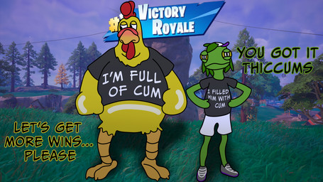 anthro beak begging_for_more black_eyes clothing curvy_figure dialogue duo embarrassed feathers glistening glistening_body green_body hands_on_hips looking_at_viewer looking_away male male/male matching_outfits smirking_dom text victory_royale yellow_body yellow_feathers vandoughy epic_games family_guy fortnite fortnite:_battle_royale i'm_full_of_cum ernie_the_giant_chicken ziggy_(fortnite) avian bird chameleon chicken galliform lizard phasianid reptile scalie 16:9 4k absurd_res english_text hi_res widescreen