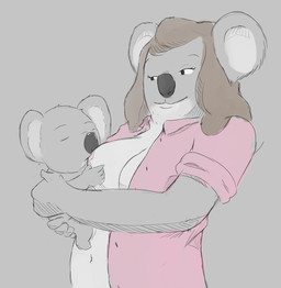 anthro breastfeeding breasts brown_hair clothed clothing duo exposed_breasts eyes_closed female fur grey_background grey_body grey_fur hair male male/female navel neonate open_clothing open_shirt open_topwear pink_clothing pink_shirt pink_topwear shirt simple_background topwear young 4chan_anon beneath_the_trees_where_nobody_sees koala mammal marsupial vombatiform character_request hi_res mother_(lore) mother_and_child_(lore) mother_and_son_(lore) parent_(lore) parent_and_child_(lore) parent_and_son_(lore) son_(lore)