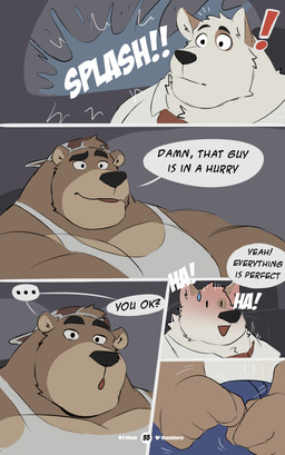 4_panel_comic anthro barazoku big_muscles big_pecs black_eyes blush brown_body brown_fur clothing dialogue driving fur hat headgear headwear huge_pecs male muscular nervous_laugh onomatopoeia patreon_logo pecs shirt sound_effects tank_top text topwear twitter_logo white_body white_fur vitashi patreon twitter bear canid canine canis domestic_dog mammal absurd_res comic english_text hi_res