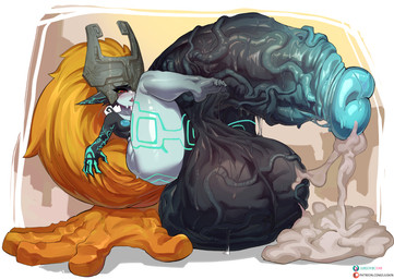 areola armor balls big_balls big_penis blue_areola blue_nipples bodily_fluids breasts clothing cum cum_on_ground fused_legs fused_shadow genital_fluids genitals gynomorph hair headgear headwear helmet huge_balls huge_penis hyper hyper_balls hyper_genitalia hyper_penis intersex markings multicolored_body nipples not_furry nude orange_hair penis red_eyes solo text thick_thighs two_tone_body vein veiny_balls veiny_penis yellow_sclera liuskin nintendo the_legend_of_zelda twilight_princess midna humanoid imp twili absurd_res hi_res url