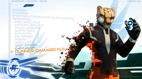 accessory anthro clothing corruption gloves glowing hacker handwear knife logo male solo suit text jecbrush nintendo star_fox fan_character cheetah felid feline mammal 16:9 2012 digital_drawing_(artwork) digital_media_(artwork) english_text widescreen