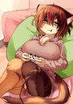 5_fingers anthro arms_bent bean_bag bed bedroom bent_legs big_breasts blush bottomwear breasts brown_body brown_eyes brown_fur brown_hair butt calico_cat chest_tuft clothed clothing controller cord cute_fangs detailed_background domestic_cat dualshock dualshock_2 eye_bags eyebrows felid feline felis female female_anthro fingers fully_clothed fur furniture game_controller gaming hair half-closed_eyes hands_together_elbows_apart hi_res holding_controller holding_game_controller holding_object hoodie inner_ear_fluff inside kagarimachi_ame kemono knock-kneed looking_at_viewer mammal mottled multicolored_body multicolored_ears multicolored_fur multicolored_hair multicolored_tail narrowed_eyes nekotsuki_kohime on_ground piebald planted_legs playing_video_game playstation playstation_2 playstation_controller pupils raised_inner_eyebrows reclining shorts slit_pupils smile solo sony_corporation sony_interactive_entertainment striped_body striped_fur stripes sweater tail tan_body tan_fur third_party_controller tired topwear translucent translucent_hair tuft white_body white_fur wired_controller yellow_eyes