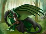 anthro black_hair blue_eyes breasts brown_body brown_fur claws day detailed_background duo female feral fur grass hair membrane_(anatomy) membranous_wings nature nipples non-mammal_breasts outside paws plant tail tree wide_hips wings silvermoonfox mythology sedyana sierra_(sierraex) dragon mythological_creature mythological_scalie scalie