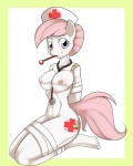 2012 4:5 anthro anthrofied band-aid bandage bdsm blue_eyes blush bondage bound breasts clothing cutie_mark digital_media_(artwork) earth_pony equid equine female friendship_is_magic hair hasbro hat headgear headwear hi_res horse kloudmutt looking_at_viewer mammal medical medical_instrument mostly_nude my_little_pony navel nipples nurse nurse_clothing nurse_hat nurse_headwear nurse_redheart_(mlp) pink_hair pink_nipples pony red_cross scientific_instrument solo stethoscope submissive submissive_female tail thermometer weather_instrument