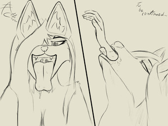 anthro anthro_pred bodily_fluids close-up dripping duo female female_focus front_view hair human_prey long_hair mouth_shot open_mouth oral_vore predator/prey saliva saliva_drip saliva_on_tongue swallowing uvula vore niki_the_vixen canid canine fox human mammal red_fox true_fox 4:3 black_and_white comic hi_res monochrome portrait sequence sketch