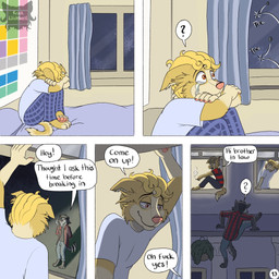anthro asking barefoot bed blonde_hair bodily_fluids bottomwear cigarette climbing clothing crossed_arms crying dialogue feet five_frame_image flannel_shirt fur furniture greeting grey_body grey_fur hair head_down hugging_knees inside logo looking_at_window male night on_bed on_roof outside page_number pajamas pants pebble profanity question_mark sad sitting sitting_on_bed sitting_on_window smoking smoking_cigarette standing tail tail_motion tailwag tears text yellow_body yellow_fur kriek_wildebeest boris_(kriek_wildebeest) jeremy_(kriek_wildebeest) tom_(kriek_wildebeest) border_collie canid canine canis collie domestic_dog herding_dog husky hybrid mammal nordic_sled_dog pastoral_dog sheepdog spitz wolf 1:1 artist_logo comic english_text hi_res multiple_scenes brother_(lore) brothers_(lore) sibling_(lore)