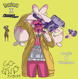 bra clothed clothed_female clothing coat female hammer happy jewelry necklace pink_body raincoat solo tools topwear underwear yellow_clothing yellow_raincoat go-two danganronpa danganronpa_v3 nintendo pokemon spike_chunsoft angie_yonaga generation_9_pokemon human humanoid mammal pokemon_(species) tinkaton 2026 absurd_res digital_media_(artwork) hi_res