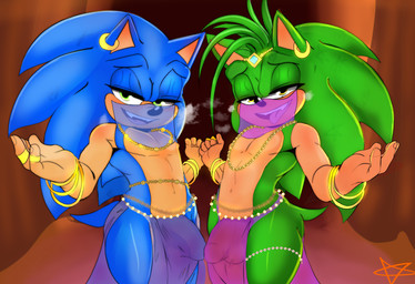 anthro bedroom_eyes belly_dancer belly_dancer_outfit blue_body bottomwear bracelet clothing curtains duo ear_piercing face_veil femboy flaccid genitals green_body green_eyes humanoid_genitalia humanoid_hands humanoid_penis jewelry loincloth looking_at_viewer male male/male narrowed_eyes open_mouth open_smile penis piercing purple_clothing ring seductive smile tongue tongue_out translucent translucent_clothing yellow_eyes lukastarfall sega sonic_the_hedgehog_(series) sonic_underground manic_the_hedgehog sonic_the_hedgehog eulipotyphlan hedgehog mammal 2026 absurd_res digital_drawing_(artwork) digital_media_(artwork) hi_res brother_(lore) brothers_(lore) sibling_(lore)