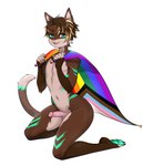 anthro brown_body brown_fur chromatic_aberration ear_piercing erection femboy flag flag_(object) fur genitals green_eyes green_markings green_pawpads holding_flag holding_object kneeling lgbt_pride male markings navel navel_piercing nude pawpads penis piercing pride_color_flag pride_colors progress_pride_colors rainbow_pride_colors smile smiling_at_viewer solo tail viskasunya neil_fluss felid feline mammal hi_res