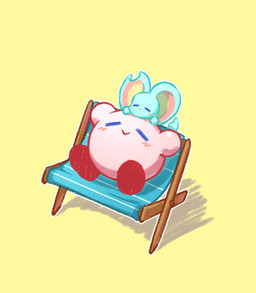 ambiguous_gender big_ears biped bipedal_feral blush blush_lines carrying_another chair closed_smile daww duo eyes_closed feral fluffy fluffy_tail fur furniture mouth_closed mouthless notched_ear on_head pink_body red_body semi-anthro simple_background sitting size_difference sleeping smile tail teal_body teal_fur three-quarter_view yellow_background 0olqplo0 kirby_(series) kirby_and_the_forgotten_land nintendo elfilin kirby alien chinchillid mammal rodent starling_(kirby) waddling_head digital_drawing_(artwork) digital_media_(artwork) male_(lore)