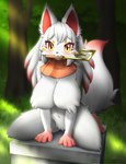 anthro big_breasts blush breasts female female_anthro fingers fur hair kemono looking_at_viewer mouth_hold nude smile solo white_body white_fur faroula canid canine fox mammal absurd_res hi_res