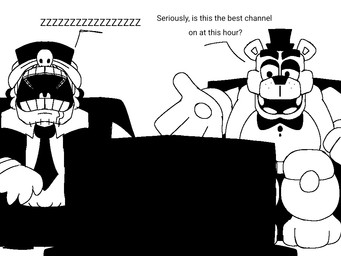 anthro black_bow_tie bow_tie clothing dialogue duo electronics eyemask eyewear hat headgear headwear male male_anthro male_human sleeping television text top_hat watching_television r1z0to five_nights_at_freddy's five_nights_at_frickbear's_(series) five_nights_at_frickbear's_3 scottgames freddy_(fnaf) freddy_frickbear mike_schmidt mike_schmidt_(frickbear's) bear human mammal robot_anthro 4:3 english_text monochrome sketch