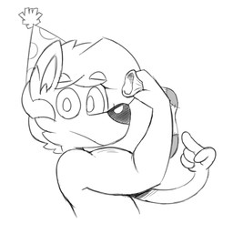 ambiguous_gender anthro clothing footwear fur gesture hair hand_gesture hat headgear headwear looking_at_viewer muscular muscular_arms party_hat pointing pointing_at_self socks solo acstlu phursie canid canine fox mammal 2018 black_and_white digital_drawing_(artwork) digital_media_(artwork) half-length_portrait monochrome portrait sketch