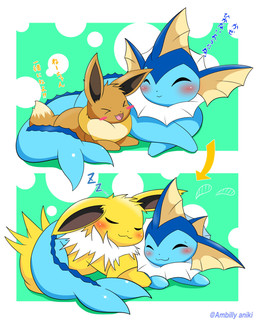 :3 >_< >o< ^_^ ambiguous/ambiguous ambiguous_feral ambiguous_gender big_tail blue_body blue_skin blue_tail blush blush_lines blush_stickers brown_body brown_ears brown_fur brown_inner_ear brown_tail cute_fangs daww dialogue dipstick_tail directional_arrow duo ear_fins evolution_(transformation) eyes_closed fangs feral feral_on_feral fin flustered frill_(anatomy) fur head_fin kemono lying markings monotone_tail multicolored_body multicolored_fur multicolored_tail neck_frill neck_tuft on_front open_mouth open_smile quadruped ruff simple_background sleeping sleeping_on_another smile sound_effects tail tail_fin tail_markings tan_body tan_fur tan_tail tan_tail_tip teeth text time_lapse transformation tuft two_tone_body two_tone_fur two_tone_tail vowelless vowelless_sound_effect white_body white_fur yellow_body yellow_fur zzz ambilly_aniki nintendo pokemon aquatic canid eevee eeveelution generation_1_pokemon jolteon mammal pokemon_(species) vaporeon 4:5 absurd_res colored digital_media_(artwork) hi_res japanese_text shaded simple_shading translated
