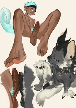 anthro balls black_hair blue_hair duo ear_piercing erection eyebrow_piercing facial_piercing feet foreskin genitals hair humanoid_feet humanoid_genitalia humanoid_penis looking_at_viewer male male/male penis piercing plantigrade pubes simple_background irisart_nsfw arknights hypergryph studio_montagne ethan_(arknights) spot_(arknights) animal_humanoid humanoid hyena lizard lizard_humanoid mammal reptile reptile_humanoid scalie scalie_humanoid spotted_hyena 2026 absurd_res hi_res