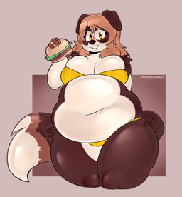 anthro belly big_belly big_breasts blush breasts burger clothed clothing female food front_view fur hair holding_object huge_breasts looking_at_viewer navel obese overweight overweight_anthro overweight_female simple_background slightly_chubby smile smiling_at_viewer solo thick_thighs topwear wide_hips pedrodesenhador sarah_(corgipudding) canid canine canis collie domestic_dog herding_dog mammal pastoral_dog sheepdog hi_res