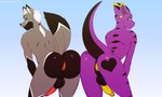 anthro anus ass_to_ass balls black_body black_fur butt butt_heart duo erection fur genitals gradient_background grey_body grey_fur hair male male/male nude penis presenting presenting_hindquarters purple_body purple_skin red_eyes red_penis simple_background standing tail white_hair yellow_eyes yellow_penis huggablehusky mythology jace_ehnon statera canid canine dragon fox mammal mythological_creature mythological_scalie scalie 5:3 digital_media_(artwork)