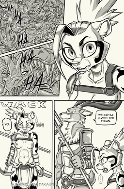5_fingers abs anthro antlers armor athletic athletic_anthro athletic_male audience bottomwear breasts clothed clothing dialogue duo_focus fangs feet female fingers fur gladiator group hair horn humanoid_hands knife laugh loincloth male melee_weapon missing_arm navel nipples pauldron paws polearm prosthetic prosthetic_limb red_hair scissor_(gladiator) speech_bubble teeth text toes topless topless_anthro topless_female topless_male trident warrior weapon daigaijin irlenk_(daigaijin) mazy_(daigaijin) deer felid feline mammal comic english_text hi_res monochrome
