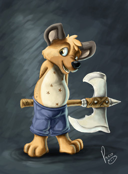 anthro axe battle_axe black_nose blue_bottomwear blue_clothing blue_shorts bottomwear brown_eyes clothed clothing front_view fur hands_behind_back head_tuft holding_axe holding_object logo looking_at_viewer male male_anthro open_mouth open_smile orange_body orange_fur shorts simple_background smile solo standing topless tuft white_body white_fur young young_anthro young_male pandapaco hyena mammal artist_logo full-length_portrait portrait signature