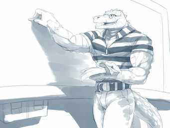 abs anthro barazoku belt book bottomwear chalk chalkboard classroom clothed clothing eyewear fully_clothed glasses holding_book holding_chalk holding_object information_board inside looking_at_viewer male muscular muscular_anthro muscular_male pants pecs school shirt smile solo t-shirt teacher three-quarter_view tight_clothing topwear writing_utensil null-ghost crocodile crocodilian reptile scalie greyscale monochrome
